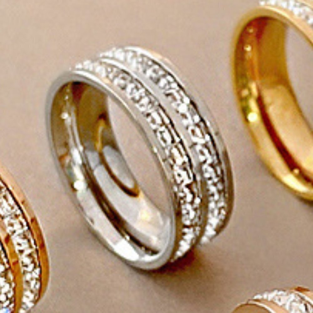 Titanium Steel Double Row Rhinestone Ring - Picture 2 of 3